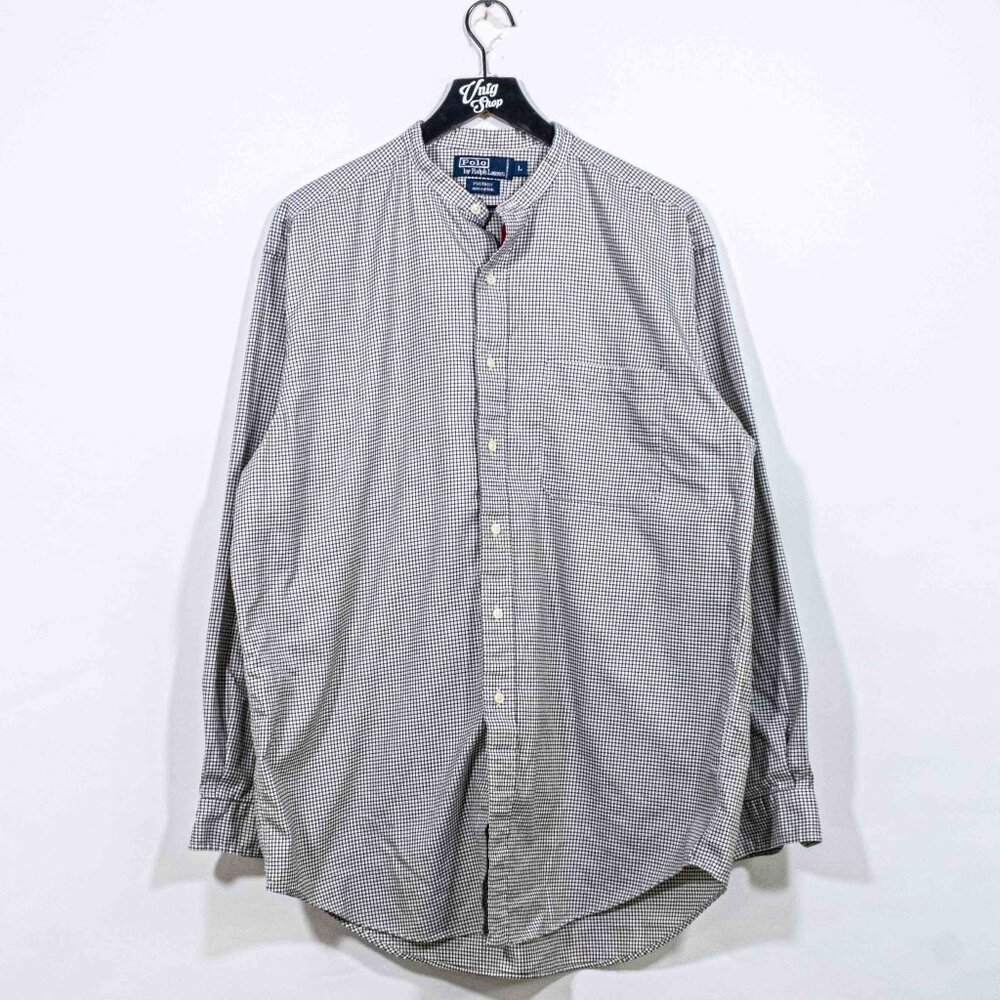 Polo Ralph Lauren PostBoy Plaid Button Shirt Mandarin Band Collar Large VTG 90s